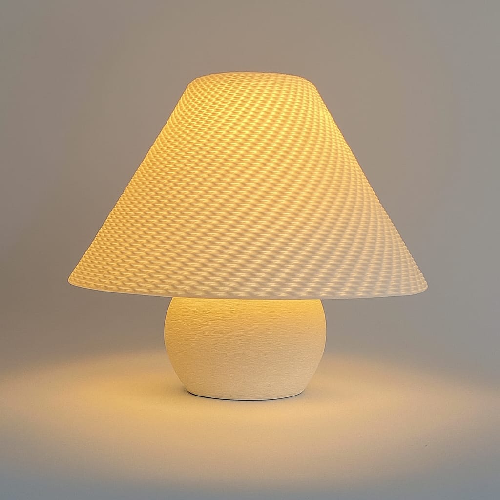Table lamp with textured shade on a gray background