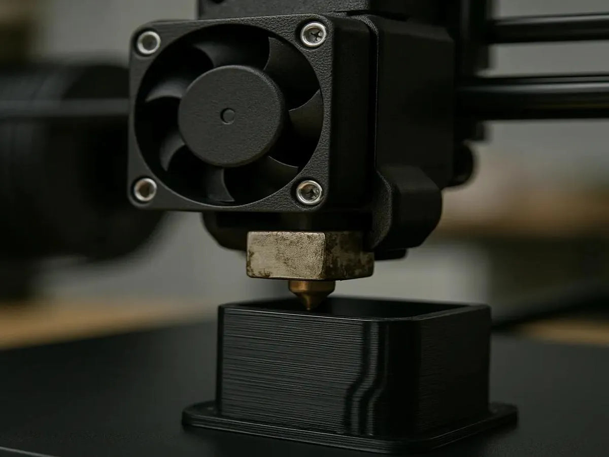 Close-up of a 3D printer's nozzle and cooling fan with a blurred background