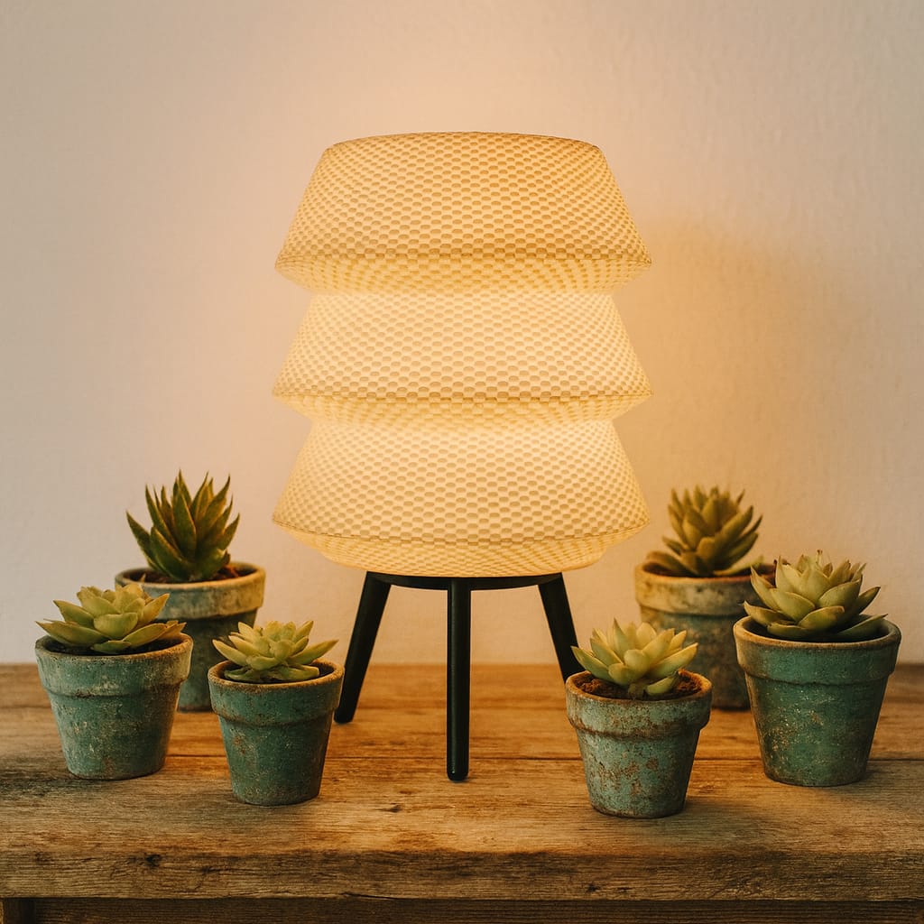 Woven table lamp with potted succulents on a wooden surface