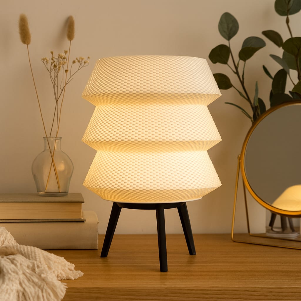 Modern table lamp with a textured design on a wooden surface, surrounded by books and decorative items.