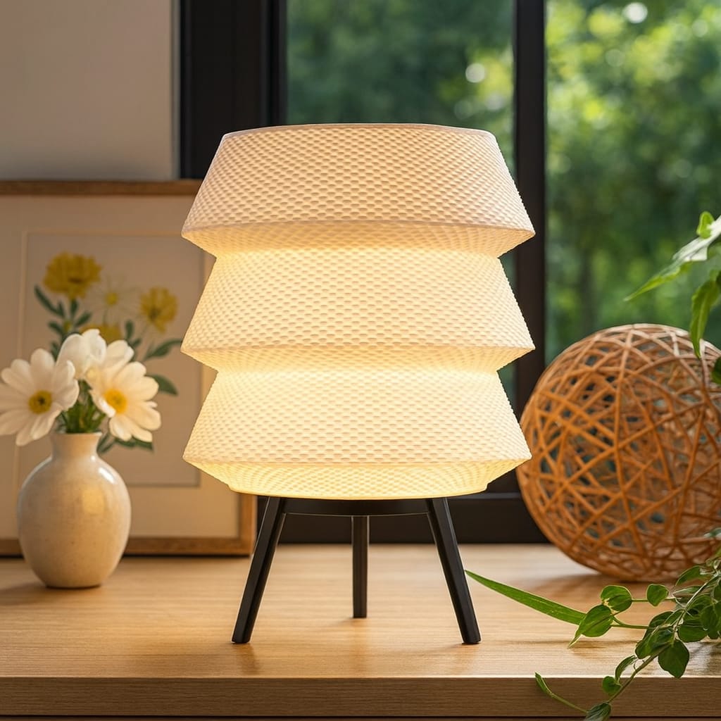 Modern table lamp with layered design on a wooden surface, surrounded by decorative items.