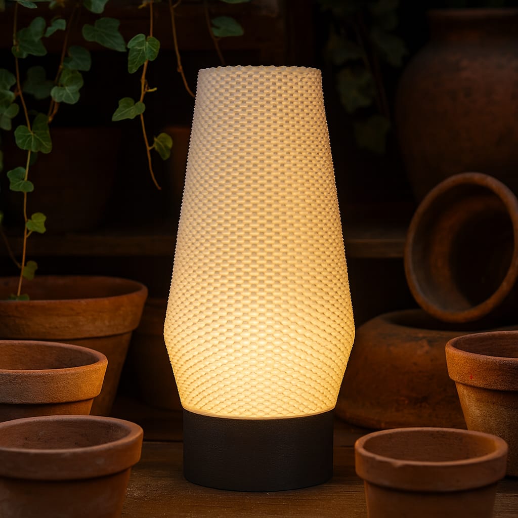 Textured table lamp emitting warm light surrounded by terracotta pots
