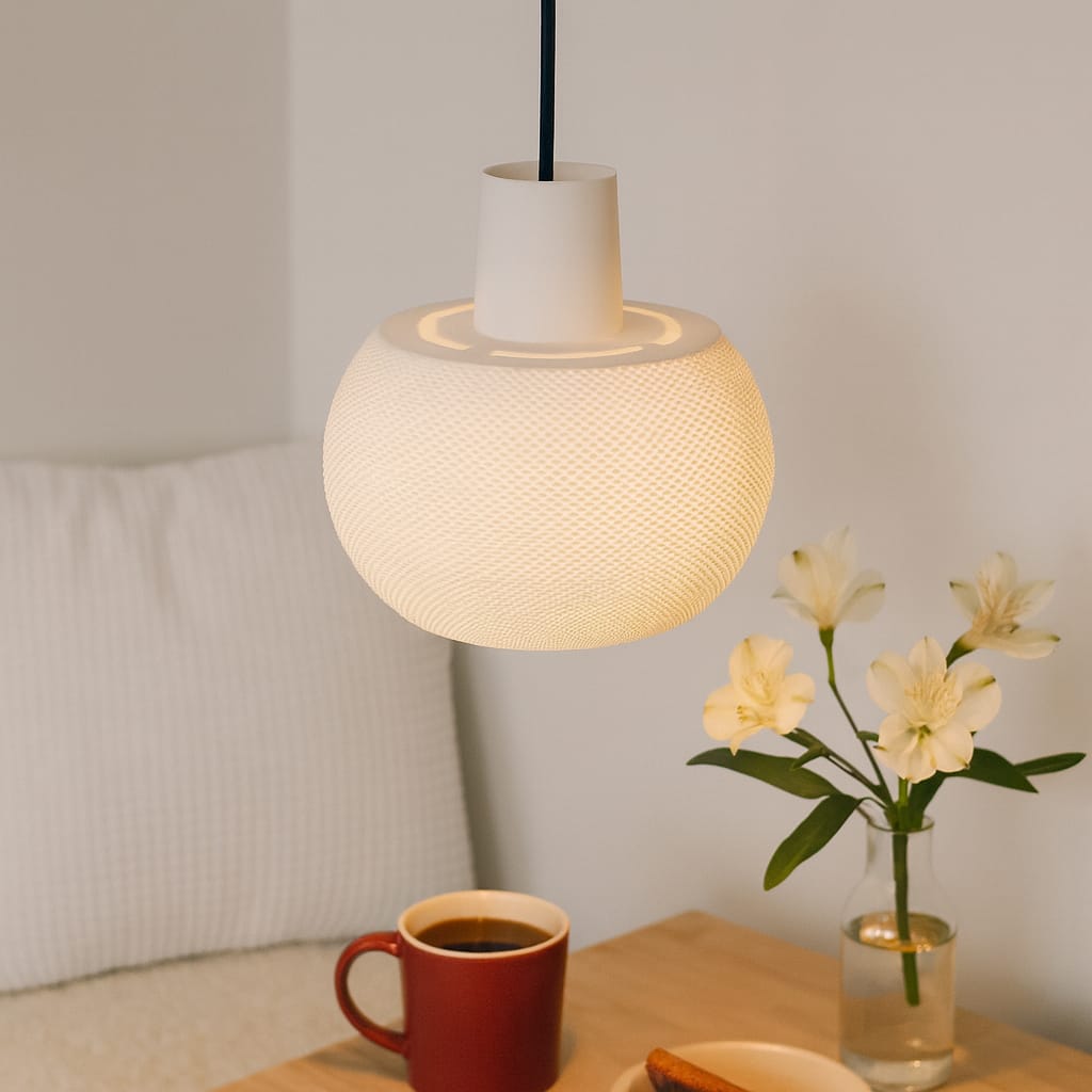Light fixture hanging above a table with a cup of coffee and a vase of flowers.