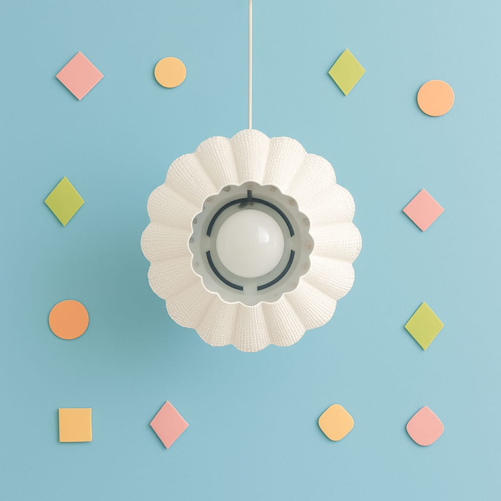 Decorative ceiling light fixture with colorful geometric shapes on a blue background
