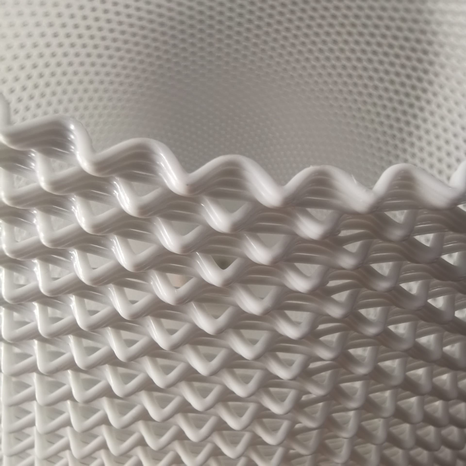 Close-up of a textured white pendant lamp with wavy pattern