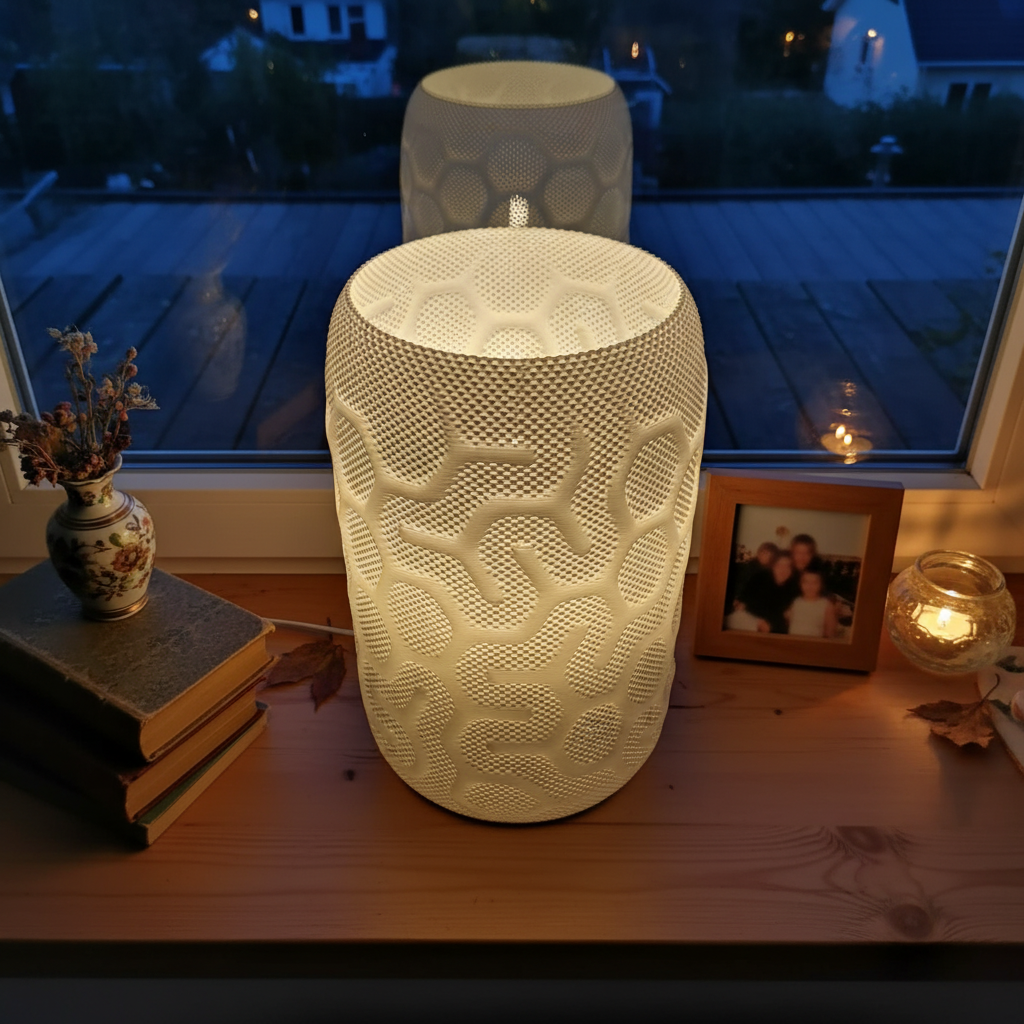 Decorative textured lamp on a wooden surface with a window in the background
