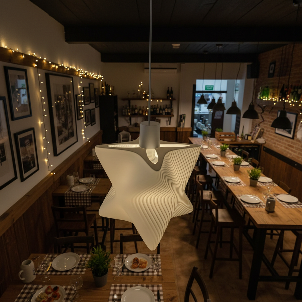 Artistic white pendant lamp suspended above rustic wooden tables in a cozy restaurant interior with warm lighting.