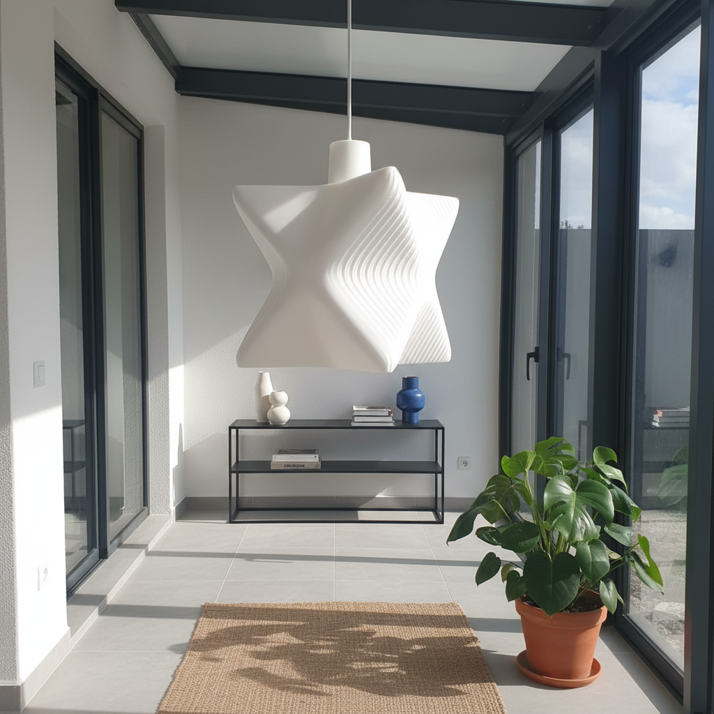 White sculptural pendant lamp hanging in a bright modern hallway with large windows and indoor plant.