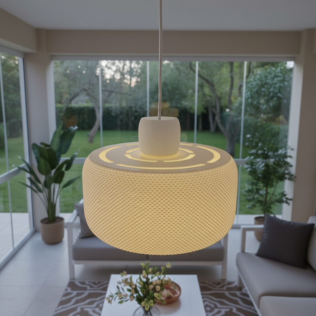 Illuminated design pendant lamp hanging in a modern living room with large windows and garden view