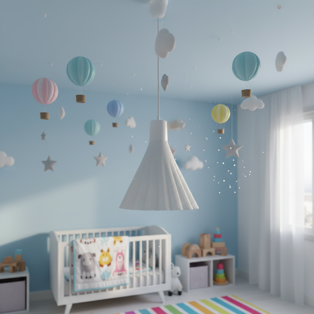 White woven pendant lamp hanging in a playful nursery with hot air balloon decorations, stars, and a baby crib.
