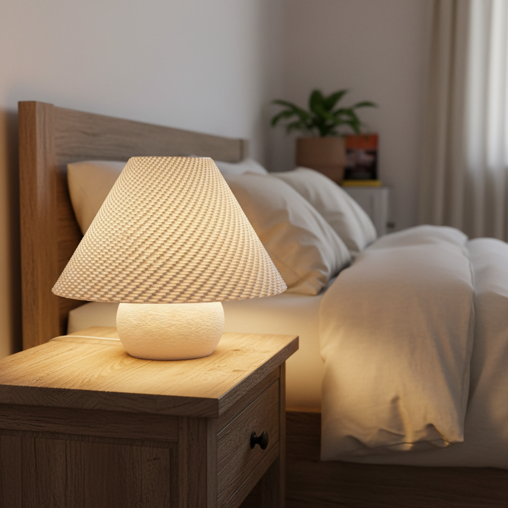 Lamp on a nightstand next to a bed in a bedroom setting