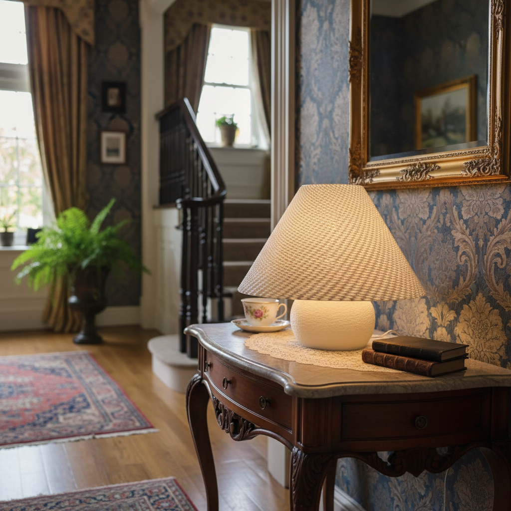 Vintage-style room with a lamp on a wooden table, ornate mirror, and decorative wallpaper.