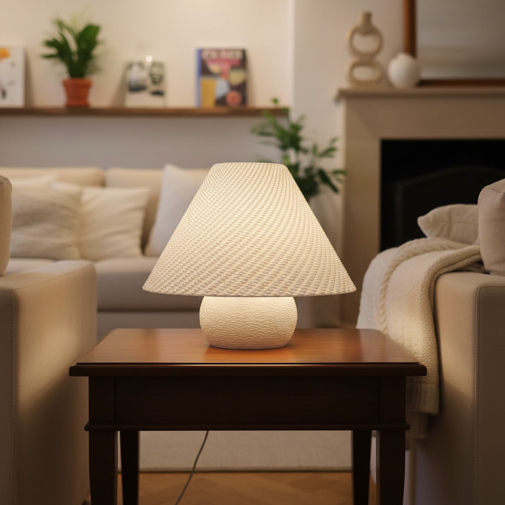 Lamp on a wooden table in a cozy living room with beige sofa and fireplace.