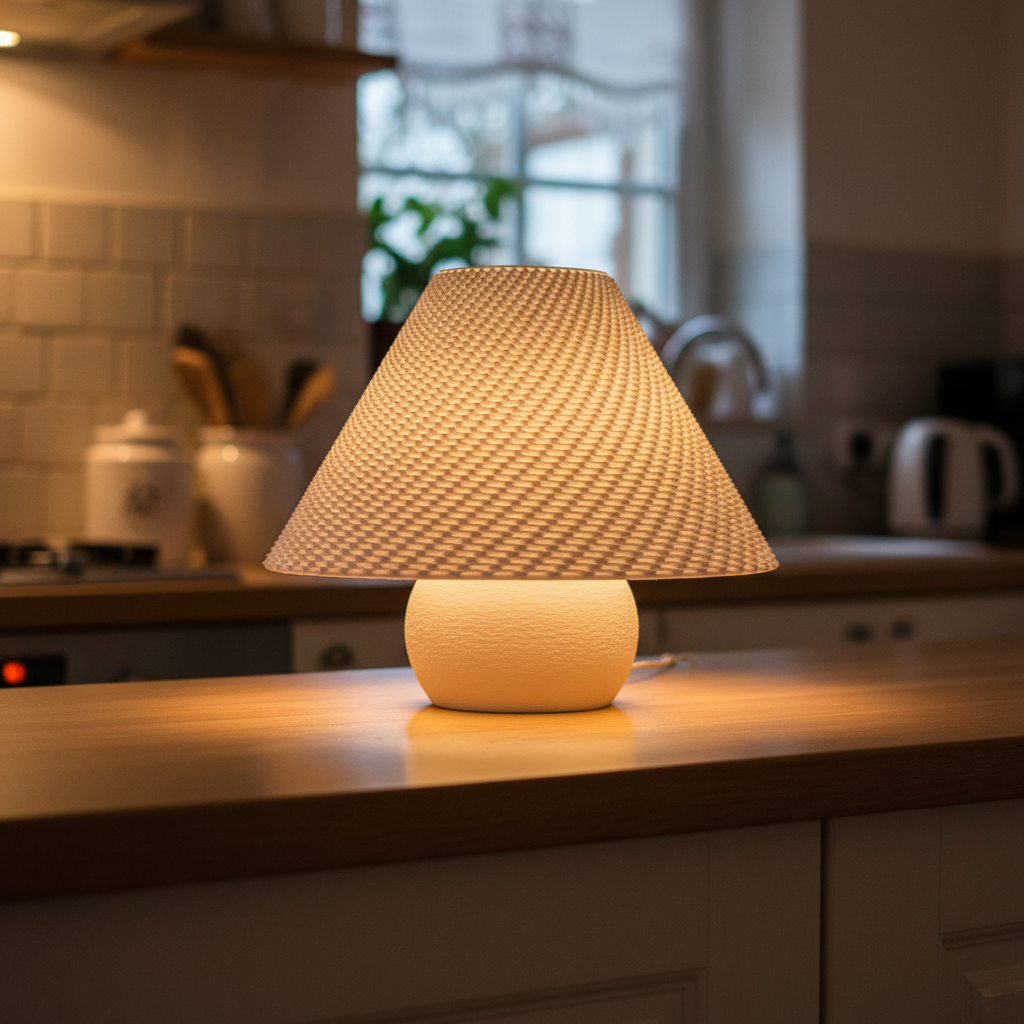 Woven lamp on a kitchen counter with blurred background