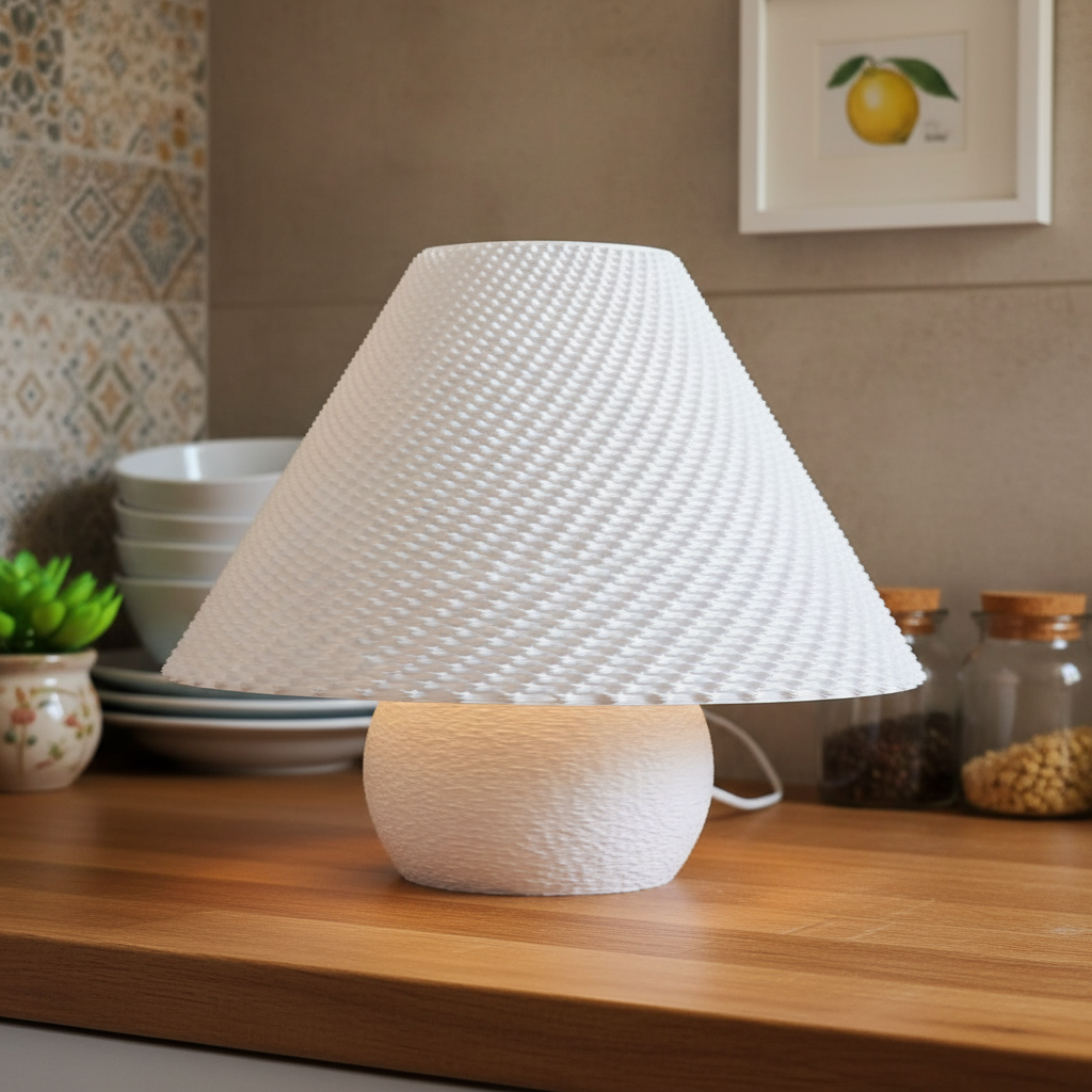 White textured table lamp on a wooden surface with a kitchen background
