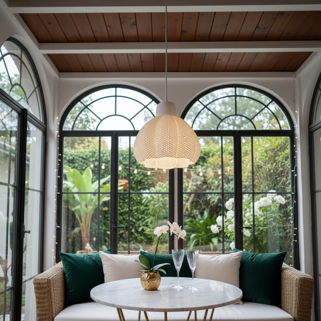 Living room with a round table, chairs, and decorative elements.