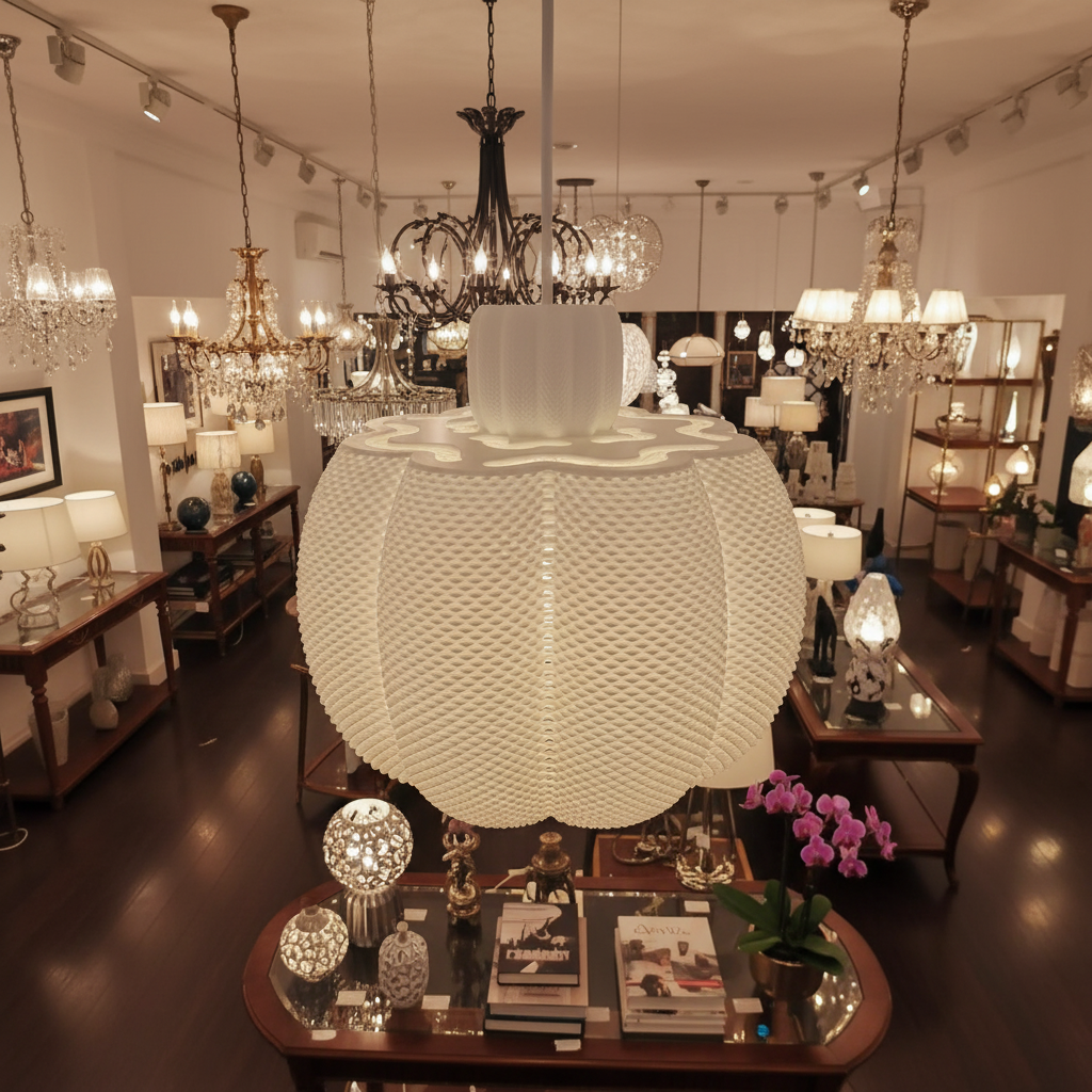 Close-up of a white textured pendant lamp displayed in a lighting showroom with chandeliers in the background.