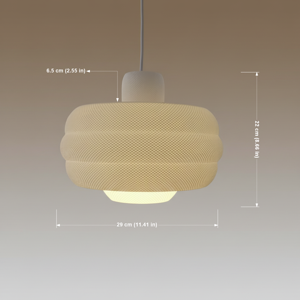 Modern pendant light with textured diffuser shown with dimensions on a neutral background.