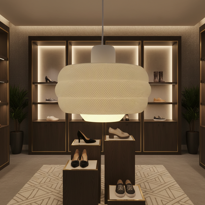 Textured modern pendant light displayed in a luxury shoe boutique with warm ambient lighting.