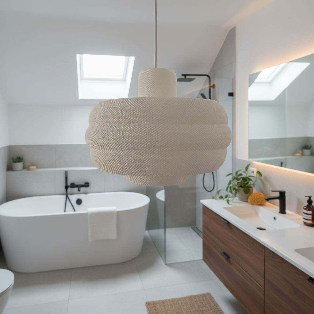 Soft white pendant light hanging in a modern bathroom above a freestanding bathtub.