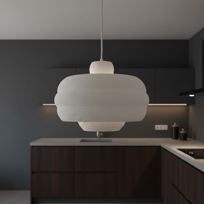 Textured white pendant light in a dark modern kitchen with sleek cabinetry.