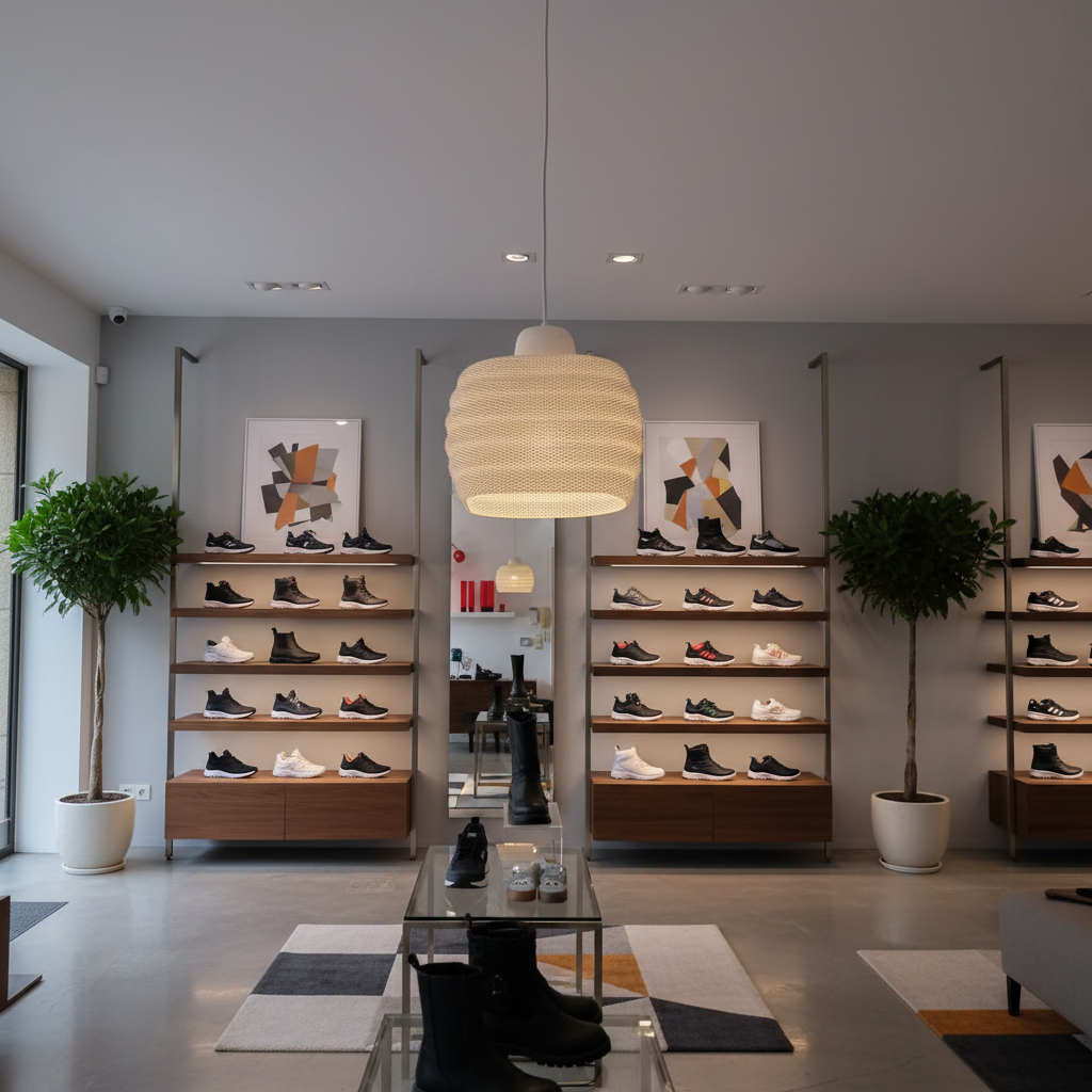 Softly illuminated woven pendant lamp hanging in a modern shoe store with wooden shelves.