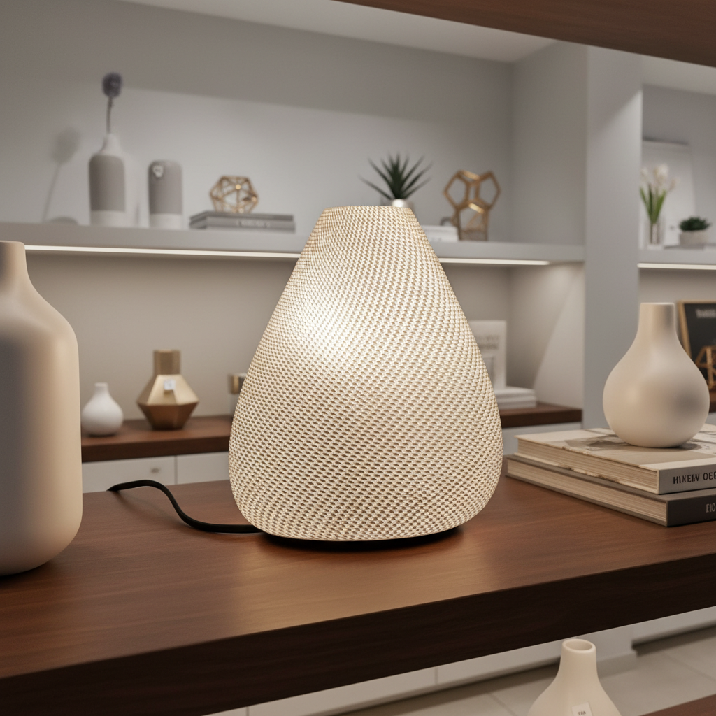 Decorative woven table lamp on a wooden surface with a blurred indoor setting