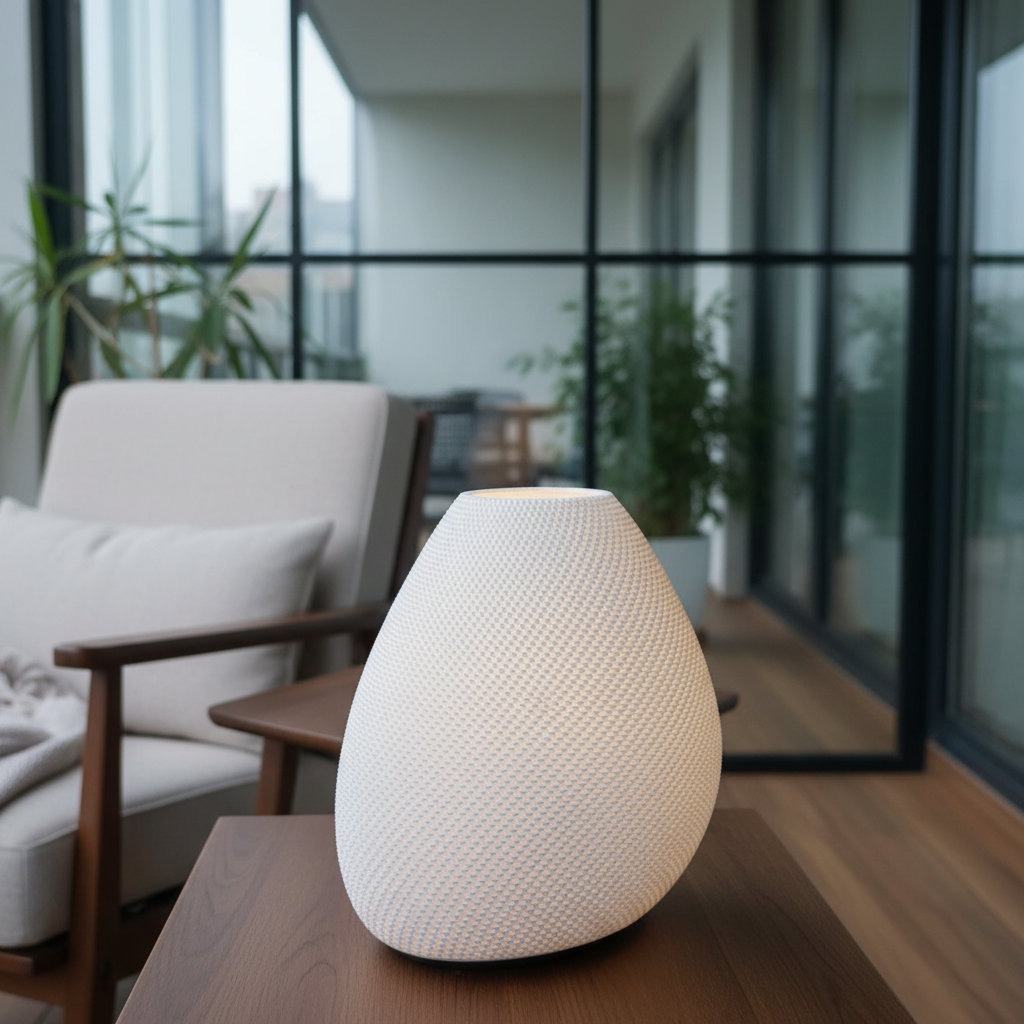 White textured lamp on a wooden table in a modern living room with large windows.