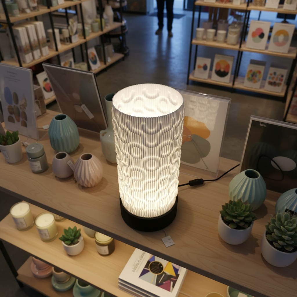 Decorative lamp on a table with plants and books in a store setting