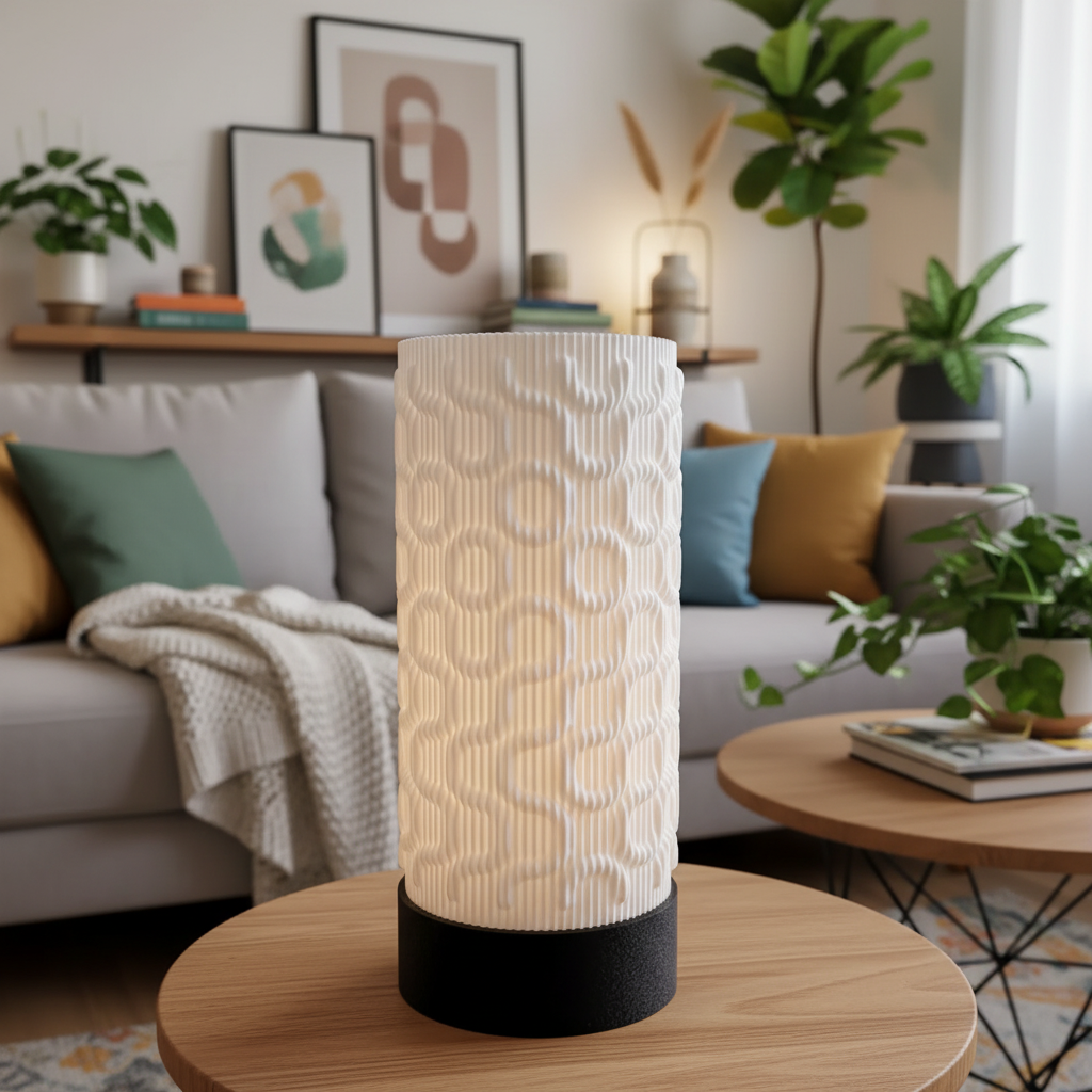 Decorative cylindrical lamp on a wooden table in a living room setting with plants and furniture.