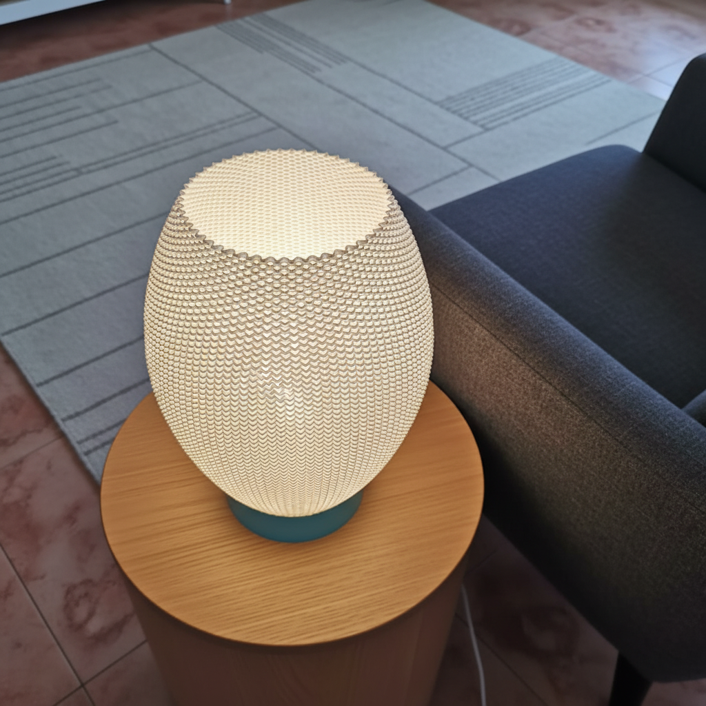 Textured table lamp on a wooden side table with a sofa and rug in the background