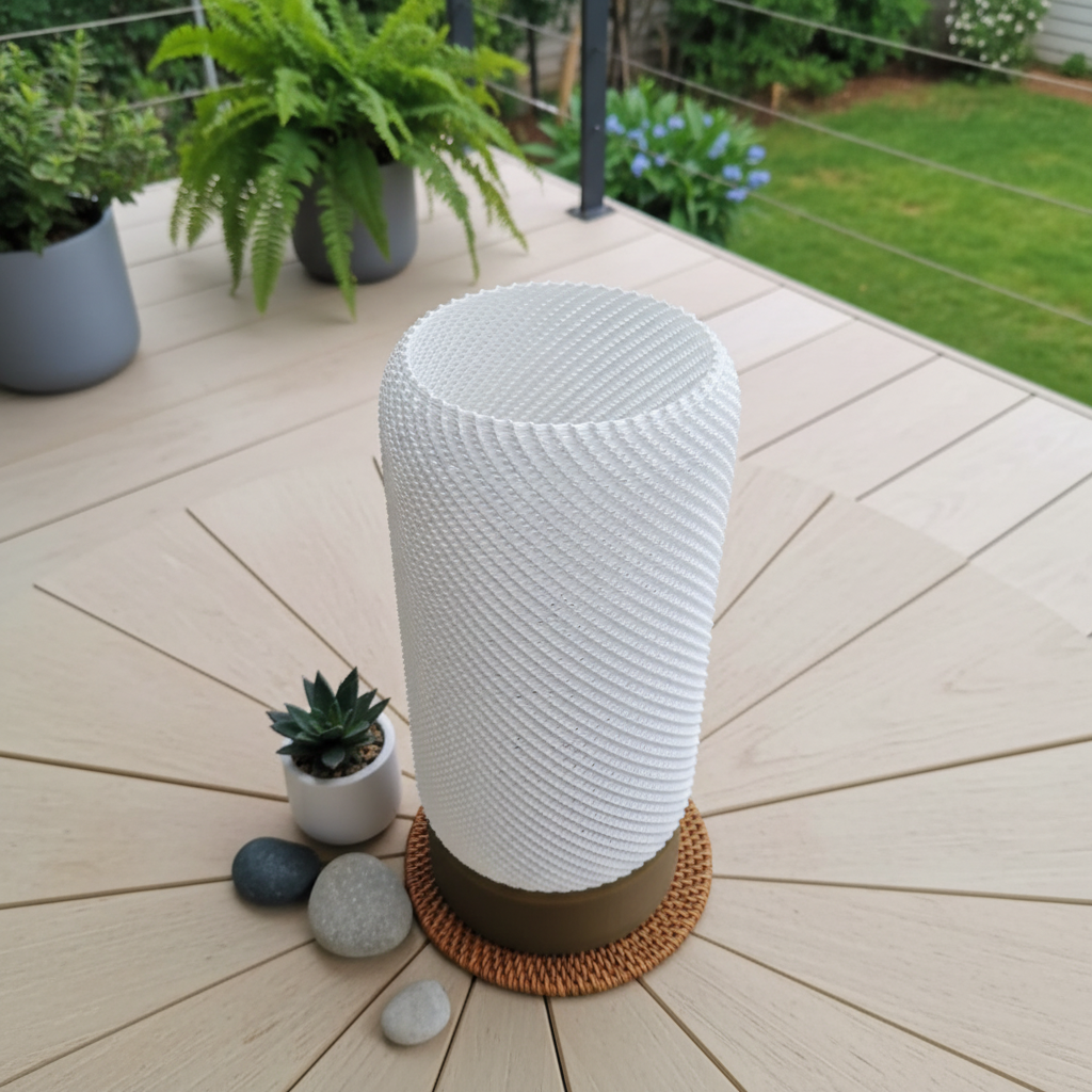White textured cylindrical lamp on a wooden deck with plants in the background