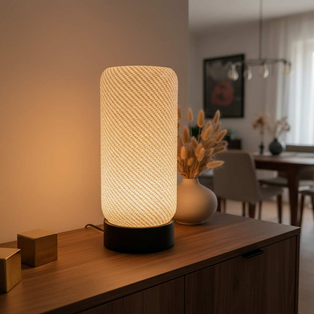 Textured table lamp on a wooden surface with a blurred indoor setting