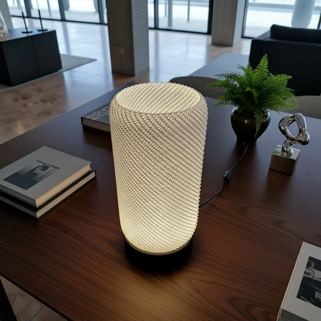 Textured cylindrical lamp on a wooden desk with books and decor items in a modern office setting