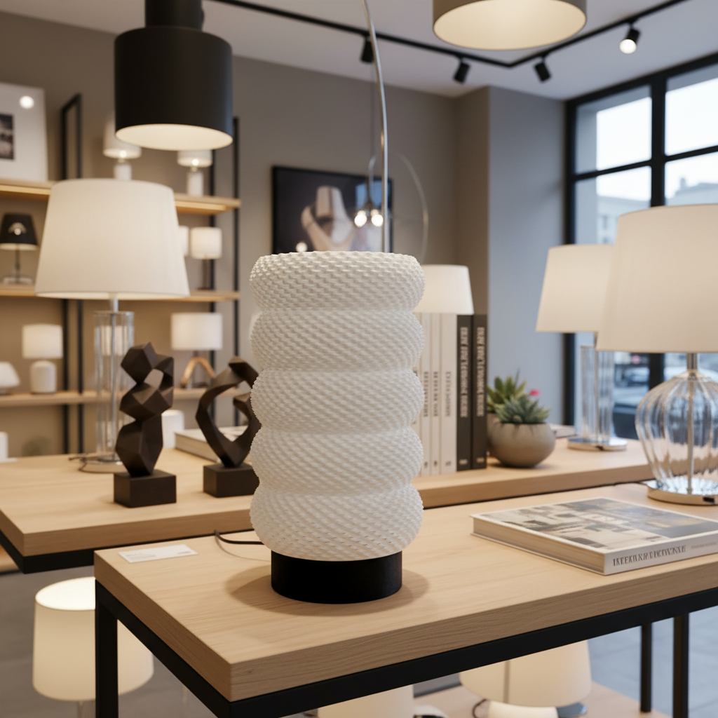 Decorative table lamp with a textured white design on a wooden table in a showroom setting.