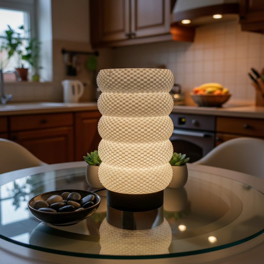 Decorative lamp on a glass table in a kitchen setting