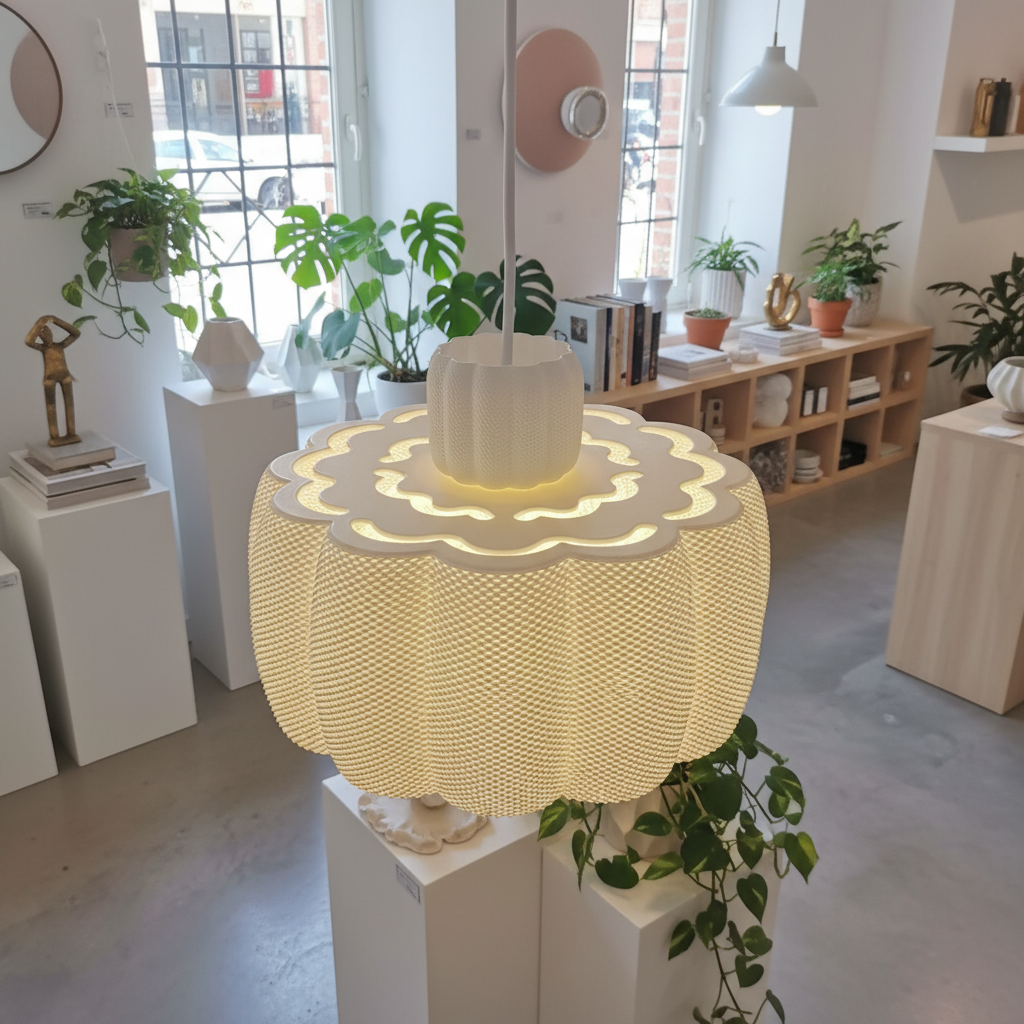 A softly glowing pendant lamp with a sculpted, textured shade hanging in a modern design showroom filled with plants, books, and decorative objects.