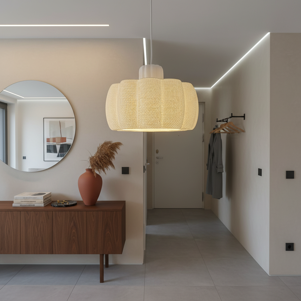 A warm white pendant lamp with a rounded, textured shade illuminating a cozy hallway with soft grey walls and wooden furniture.