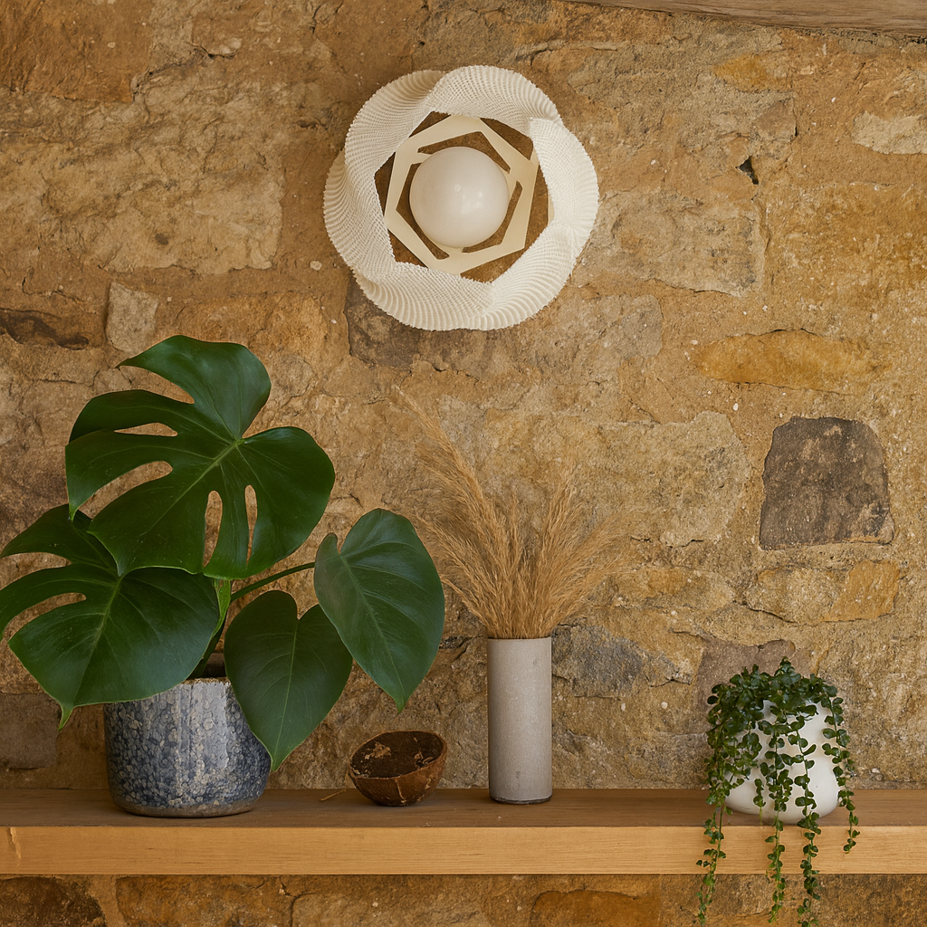 Decorative wall light fixture above a stone wall with potted plants