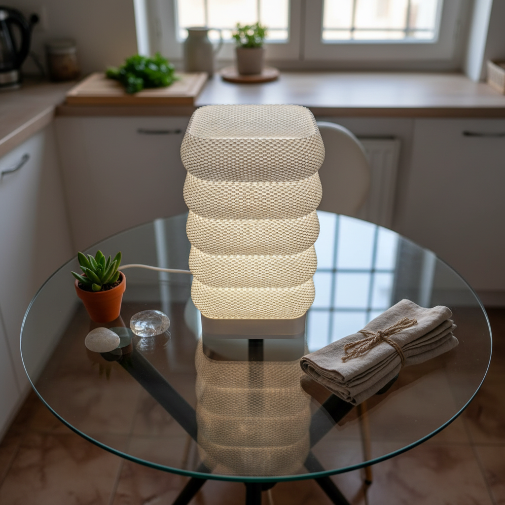 Textured table lamp on a glass table in a kitchen setting