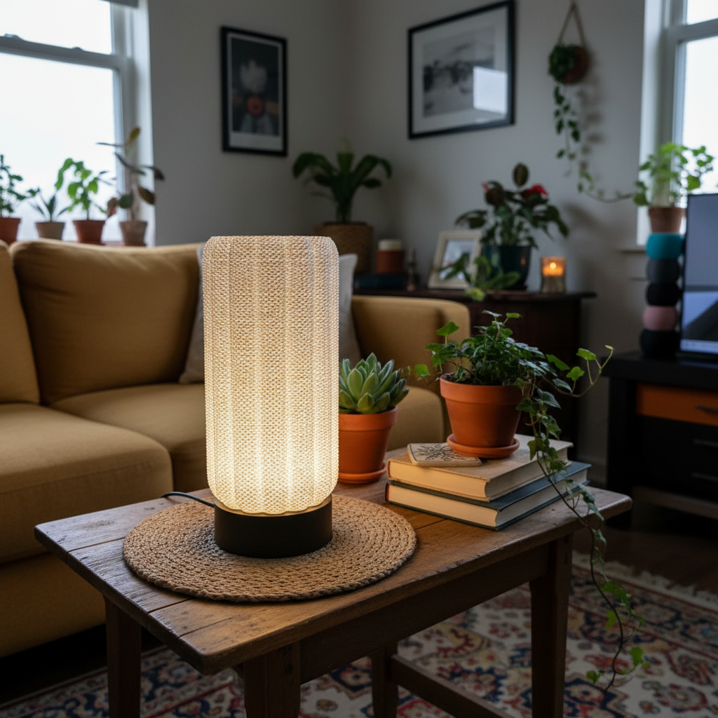 Lamp on a wooden table in a cozy living room with plants and books.