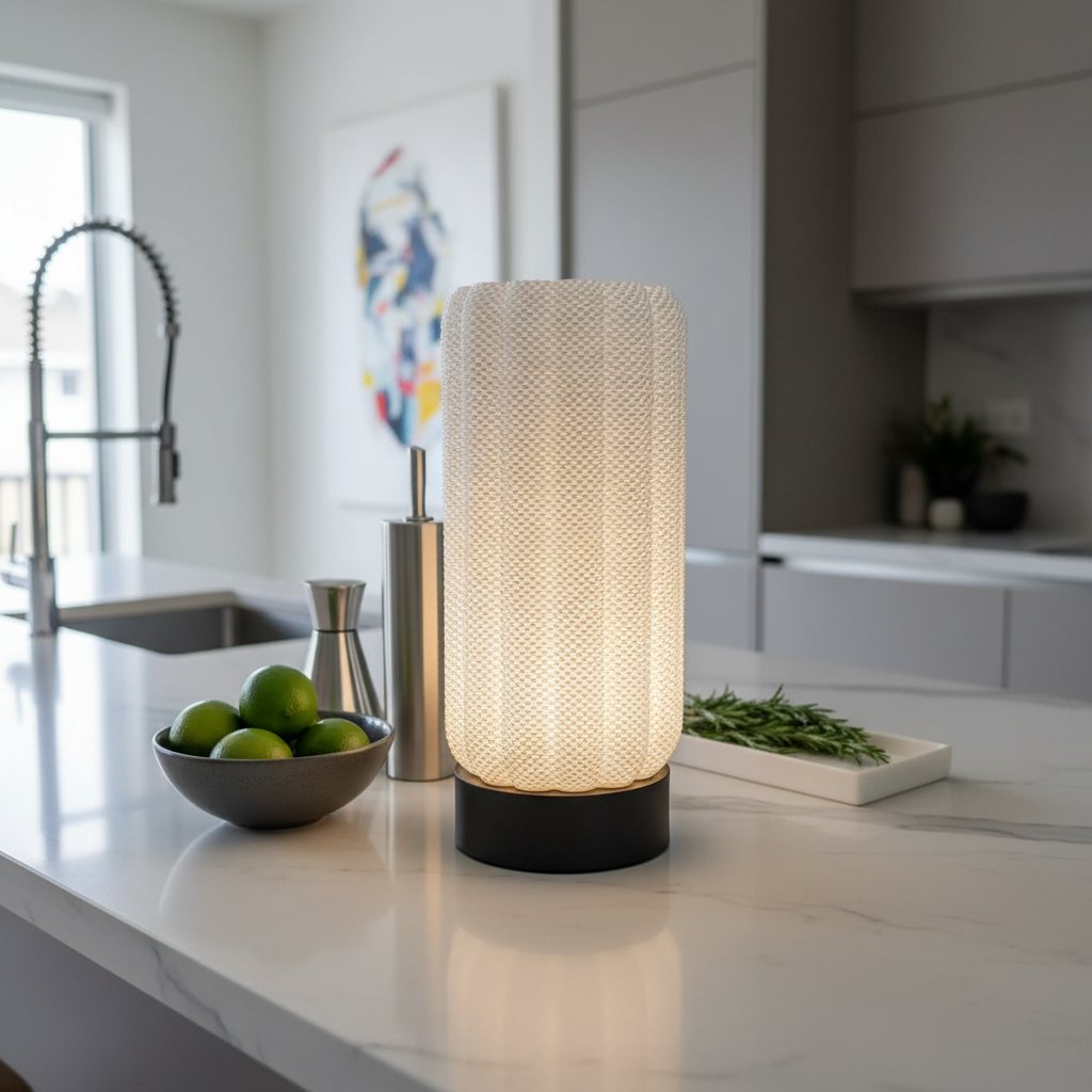 Modern table lamp on a kitchen counter with a blurred background