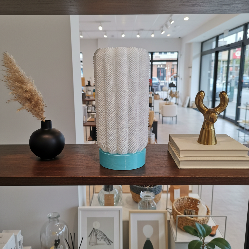 Decorative table lamp on a table with a blurred indoor setting