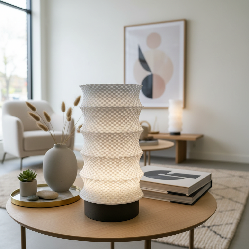 Modern table lamp on a wooden table in a living room setting