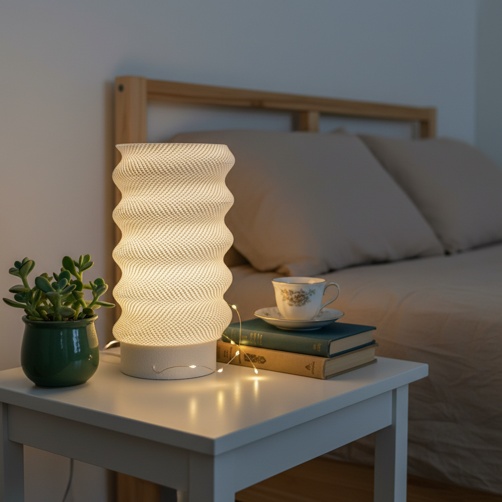 White textured table lamp on a nightstand with books, a cup, and a plant in a bedroom setting.