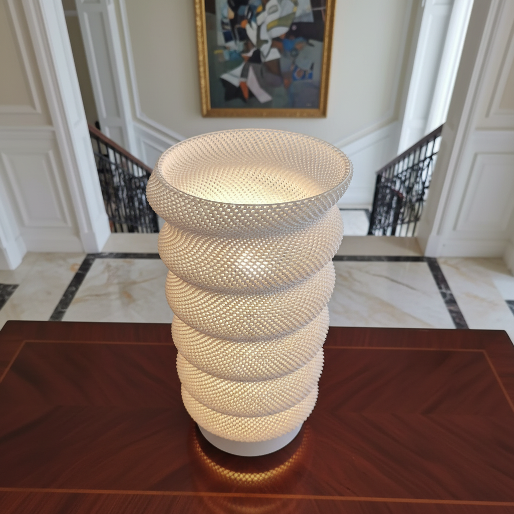 Decorative lamp with a textured design on a table in an elegant room.