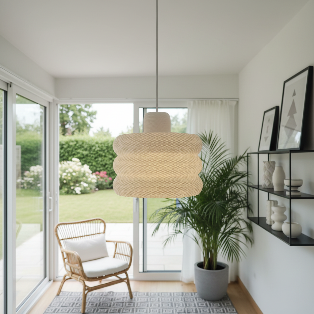 Woven pendant lamp with warm light in a bright sunroom with an armchair and plant.