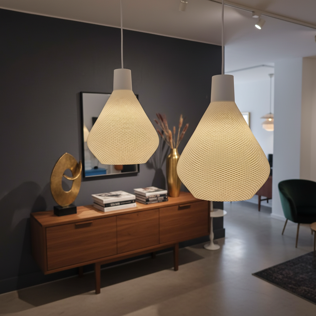 Woven pendant lamp with warm ambient light hanging above a modern sideboard in a living room