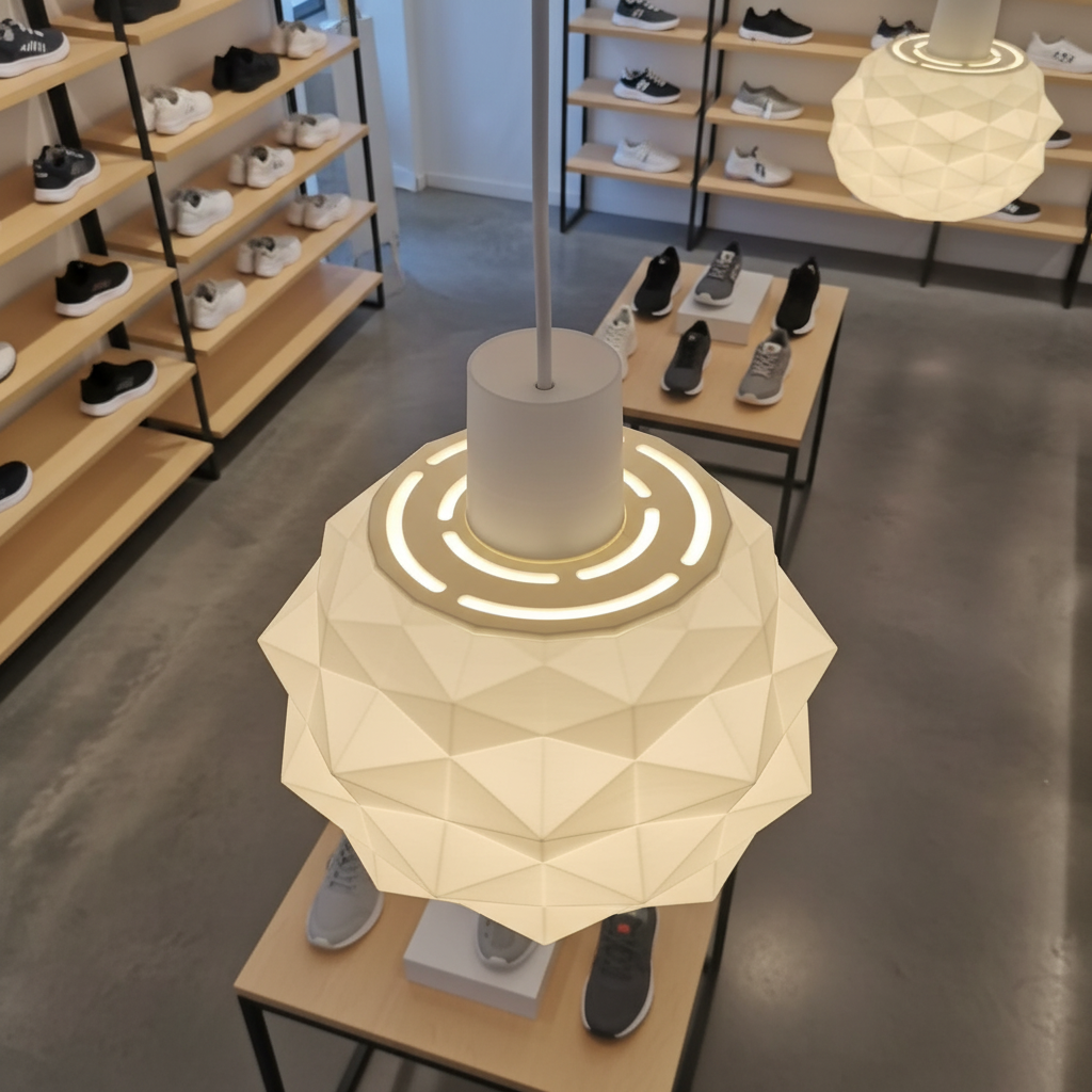 Close-up of a geometric pendant lamp hanging in a retail store interior with wooden display tables.