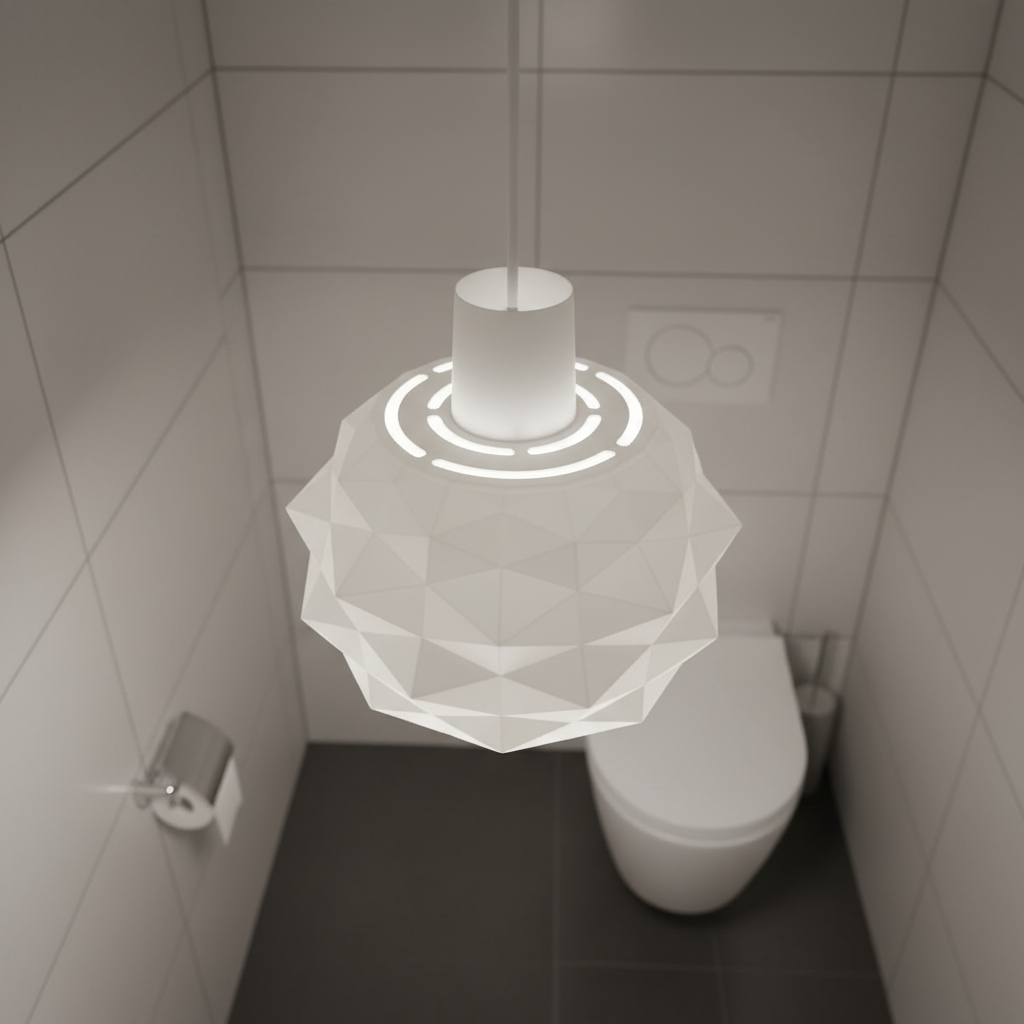 Top-down view of a faceted white pendant lamp hanging in a minimalist tiled bathroom.